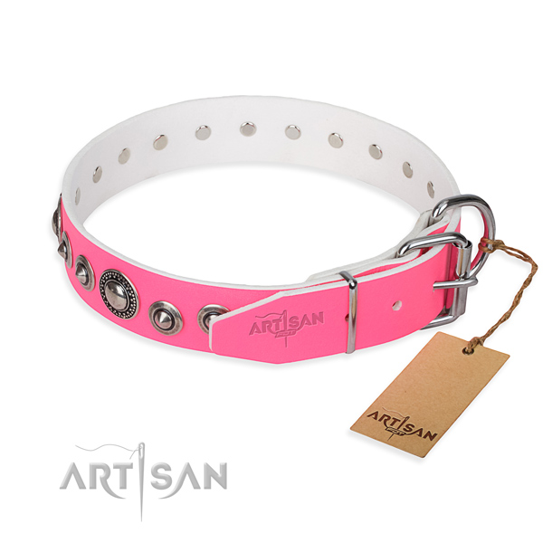 Natural genuine leather dog collar made of soft material with reliable studs