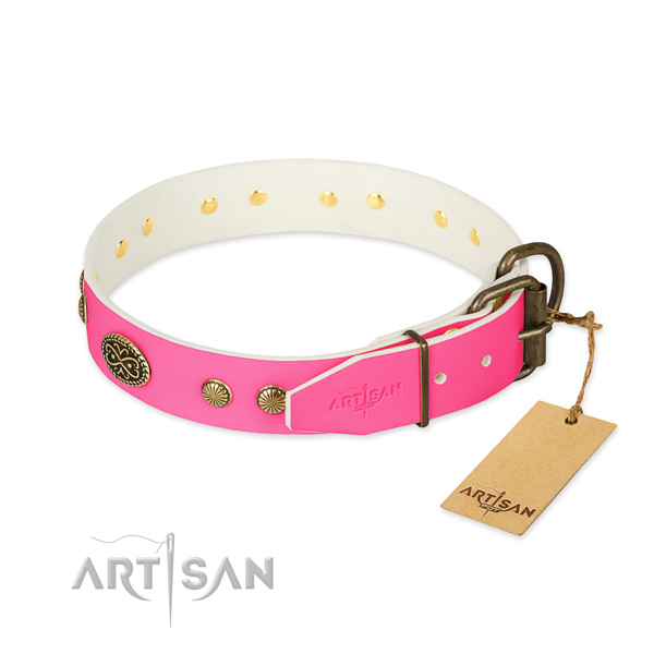 Reliable hardware on full grain natural leather dog collar for your four-legged friend
