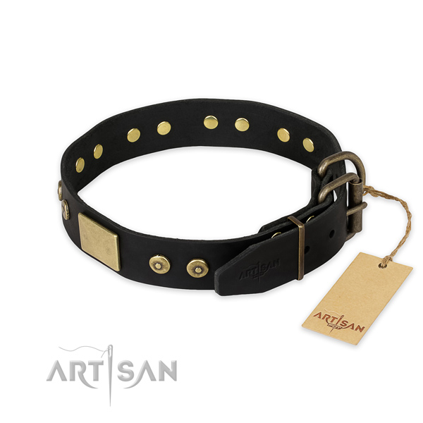 Reliable traditional buckle on full grain genuine leather collar for fancy walking your pet