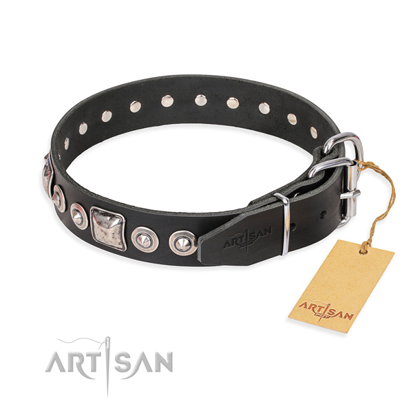 Natural genuine leather dog collar made of top notch material with corrosion resistant embellishments