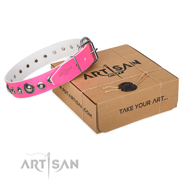 Natural genuine leather dog collar made of reliable material with rust-proof traditional buckle