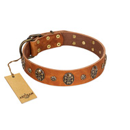"Rockstar" FDT Artisan Tan Leather Amstaff Collar with Engraved Studs and Medallions