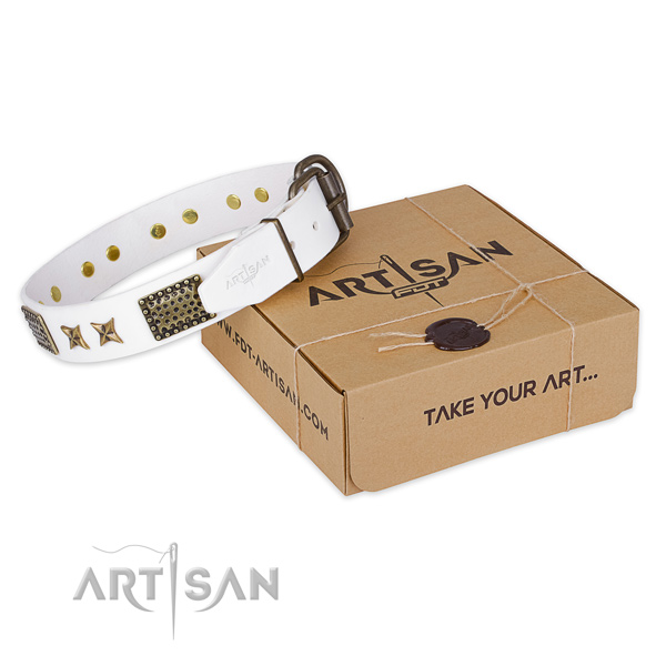 Rust-proof buckle on full grain natural leather collar for your handsome pet