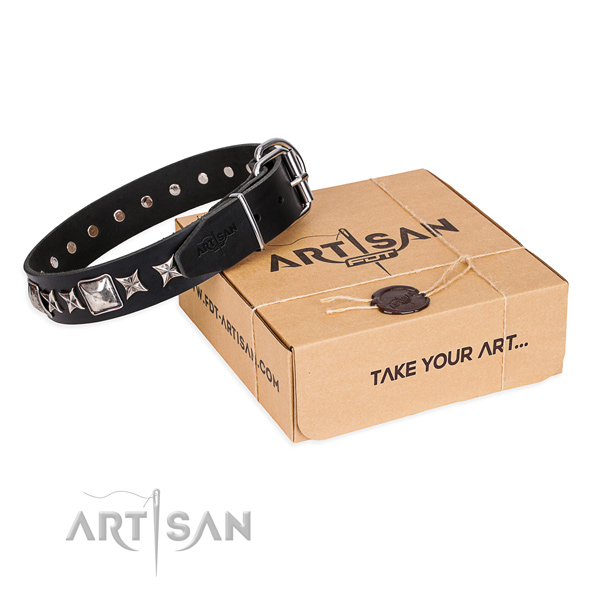 Comfy wearing dog collar of fine quality genuine leather with embellishments