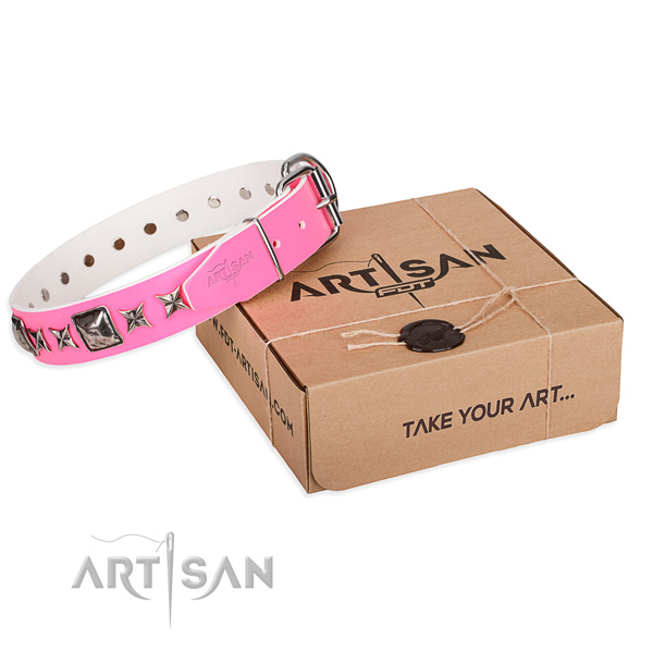 Daily walking genuine leather dog collar with adornments