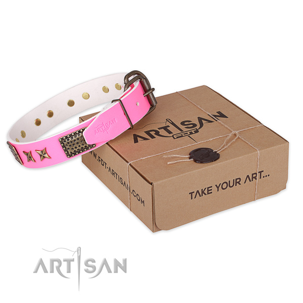 Strong buckle on full grain genuine leather collar for your stylish pet