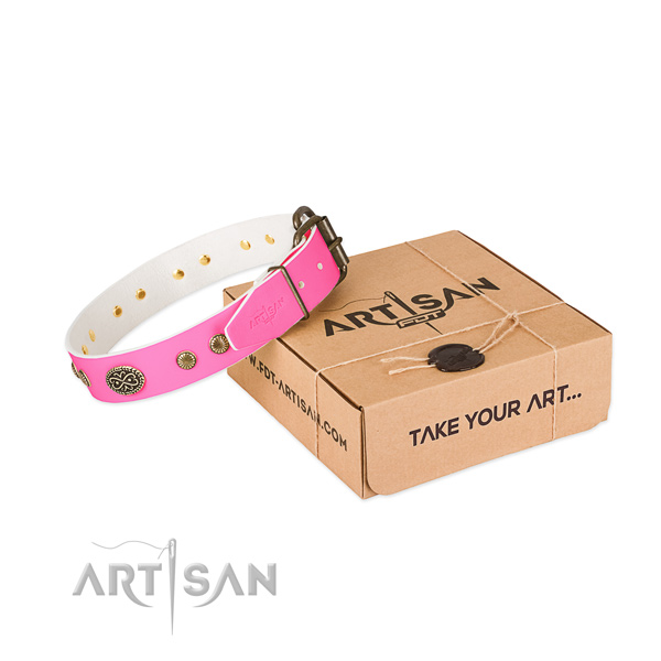 Rust resistant embellishments on full grain leather dog collar for your canine