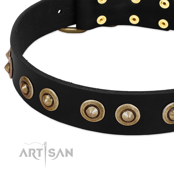 Reliable D-ring on full grain natural leather dog collar for your canine