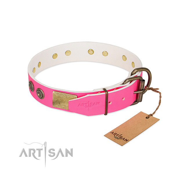 Rust resistant D-ring on full grain natural leather collar for walking your canine