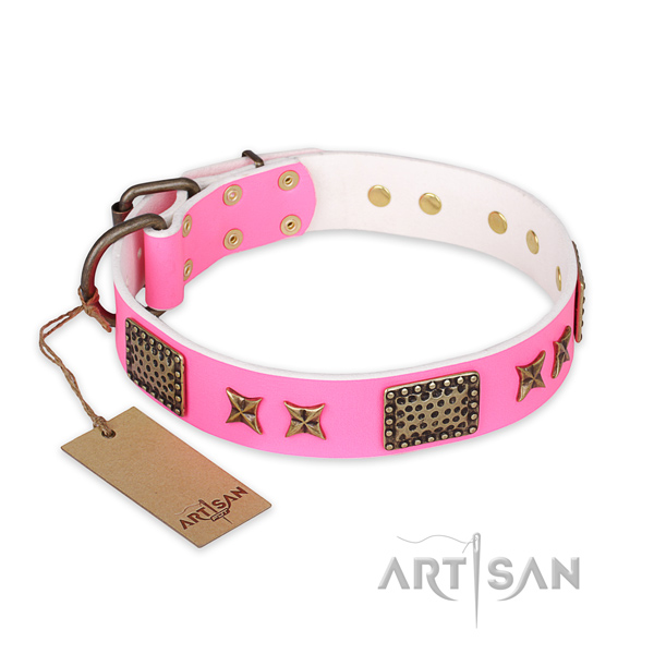 Designer genuine leather dog collar with durable traditional buckle