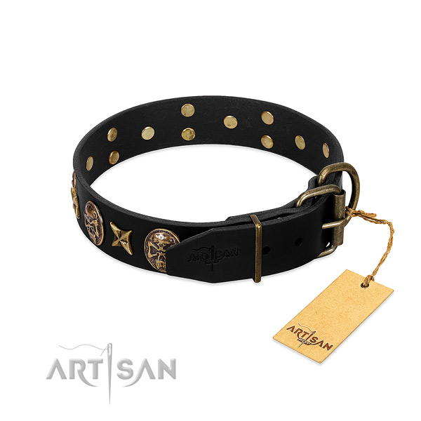 Rust-proof D-ring on full grain natural leather dog collar for your pet