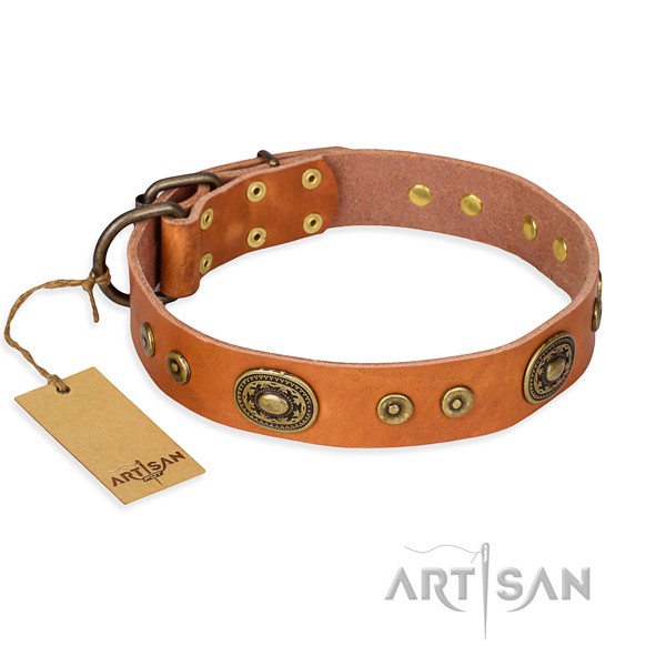 Full grain genuine leather dog collar made of soft to touch material with corrosion resistant traditional buckle