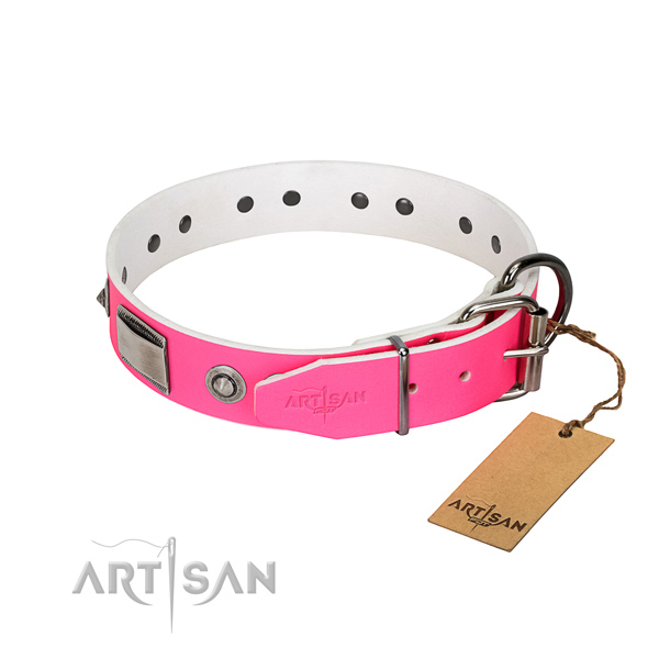 Convenient dog collar of full grain genuine leather with embellishments