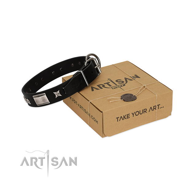 Reliable genuine leather dog collar with corrosion resistant hardware