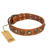 "Golden Epoch" FDT Artisan Tan Leather Amstaff Collar with Old Bronze-plated Medallions and Conchos