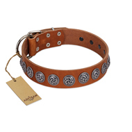 "Velvet Kiss" Handmade FDT Artisan Tan Leather Amstaff Collar with Vintage Medallions