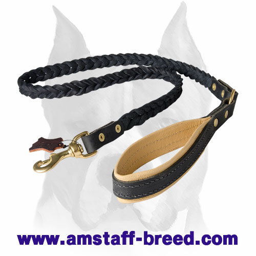 Amstaff Braided Leather Dog Leash with Soft Handle - Click Image to Close