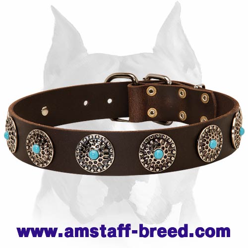 Fashionable Leather Dog Collar with Blue Stones for Amstaff