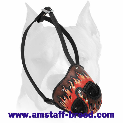 Leather Amstaff Hand-painted in Flames Dog Muzzle