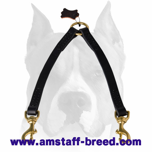 Amstaff Stitched Leather Dog Coupler Leash for 2 Dogs