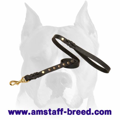 Amstaff Studded Leather Dog Leash with Handle