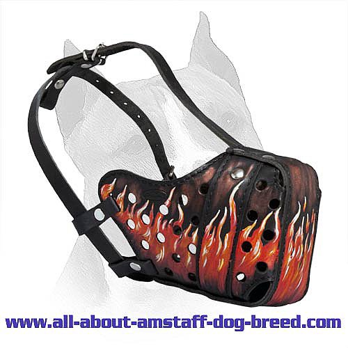 Handcrafted Leather Amstaff Muzzle With Painted Flames - Click Image to Close
