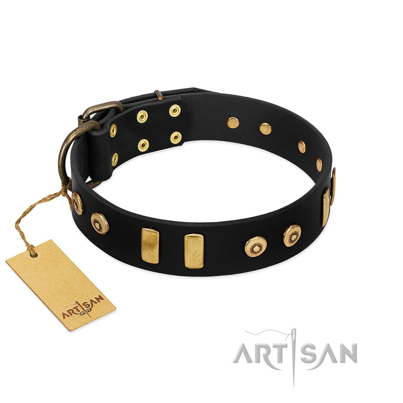"Rare Dog" FDT Artisan Black Leather Amstaff Collar with Old Bronze-like Dotted Studs and Tiles