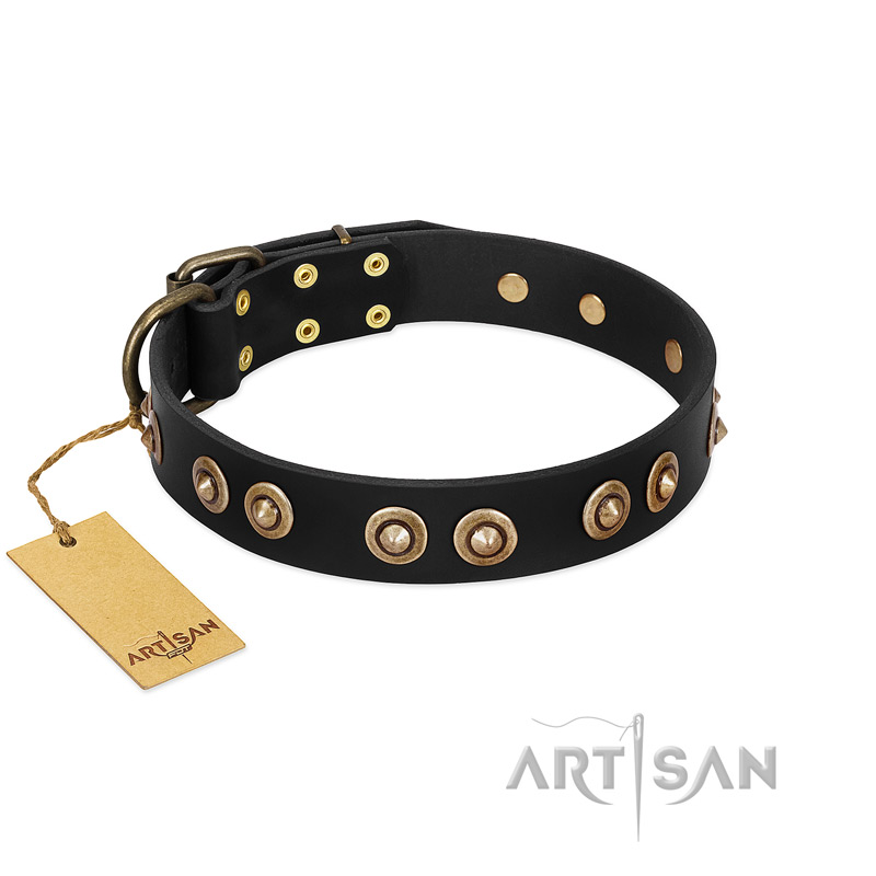 "Golden Artifact" FDT Artisan Black Leather Amstaff Collar with Old-bronze Covered Medallions
