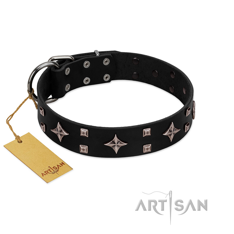 "Snappy Dresser" FDT Artisan Black Leather Amstaff Collar Adorned with Stars and Tiny Squares - Click Image to Close