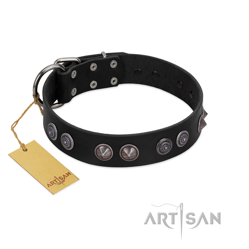 "Silver Medallions" Mod FDT Artisan Black Leather Amstaff Collar with Round Plates