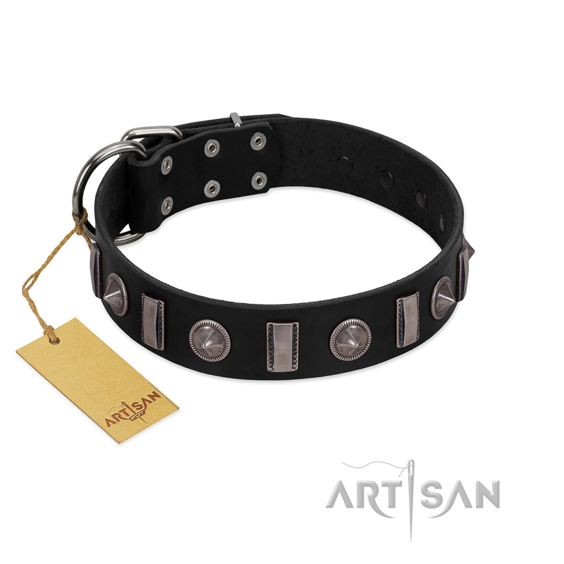 "Silver Spikes" Exclusive FDT Artisan Black Leather Amstaff Collar