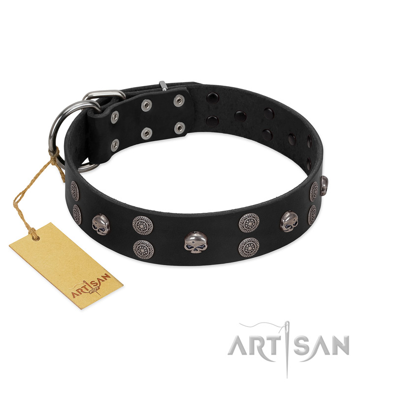"Skull Art" Designer Handmade FDT Artisan Black Leather Amstaff Collar with Skulls