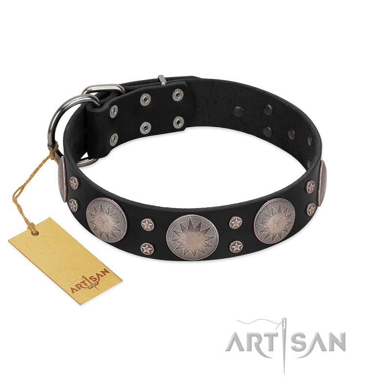 "Starry Sky" Trendy FDT Artisan Black Leather Amstaff Collar with Large Brooches