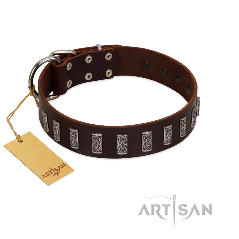 "Brown Lace" Handmade FDT Artisan Brown Leather Amstaff Collar for Everyday Walks - Click Image to Close