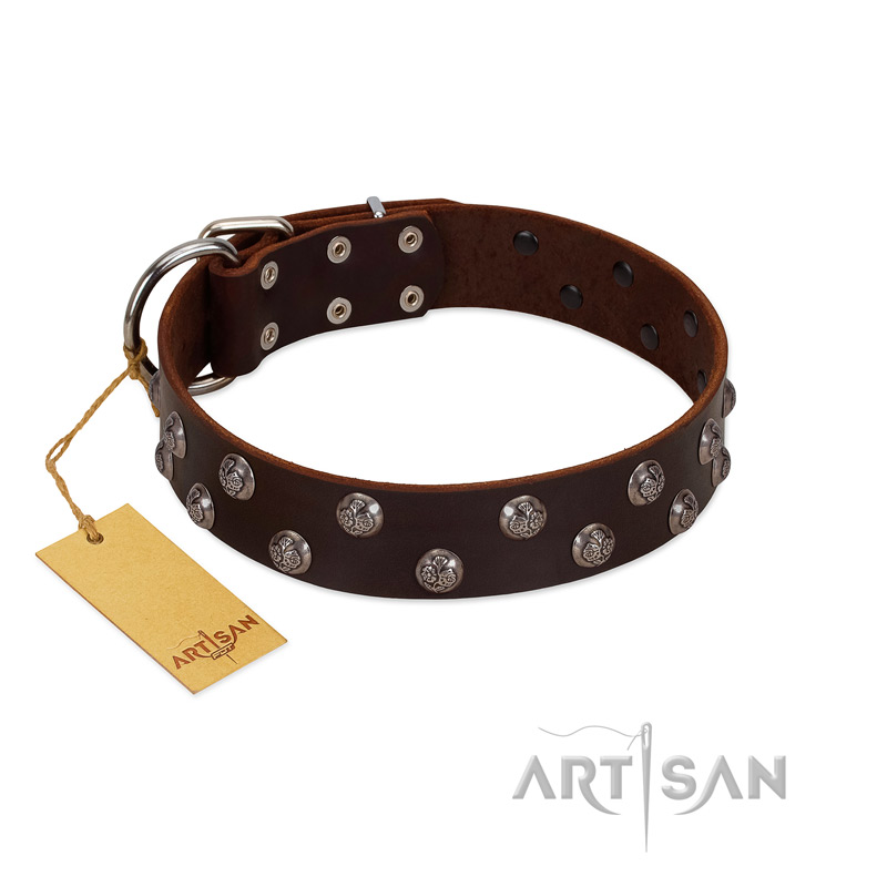 "Blossom Jewel" FDT Artisan Brown Leather Amstaff Collar with Two Rows of Silver-like Studs with Engraved Flowers - Click Image to Close
