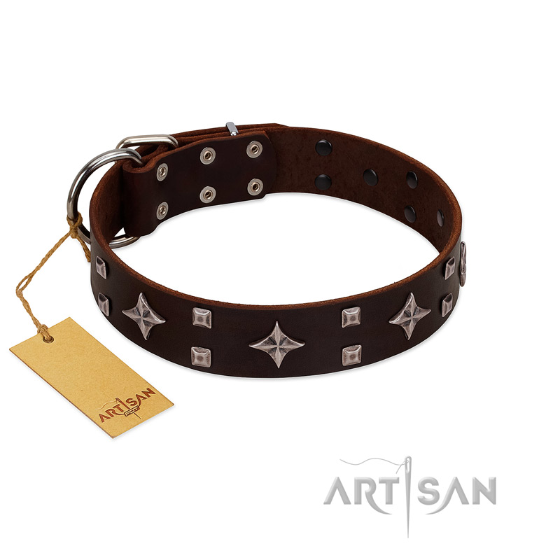 "Trendy Candy" FDT Artisan Brown Leather Amstaff Collar Adorned with Stars and Tiny Squares - Click Image to Close