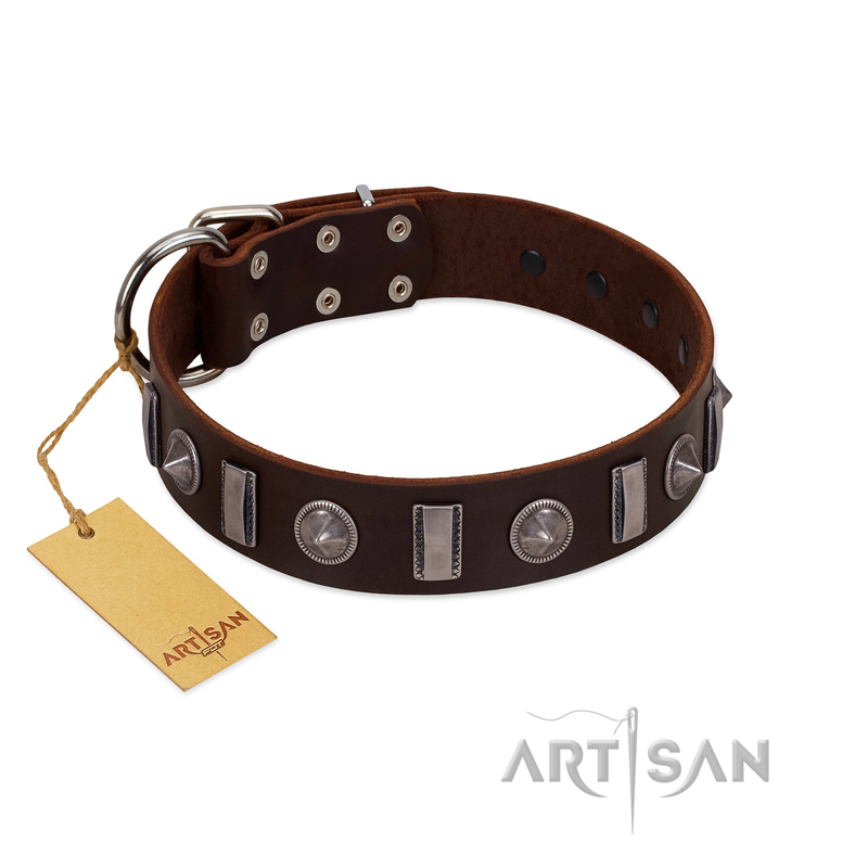 "Spiky Way" FDT Artisan Brown Leather Amstaff Collar with Silver-Like Decorations