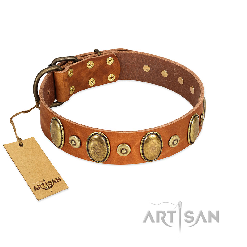 "Crystal Sand" FDT Artisan Tan Leather Amstaff Collar with Vintage Looking Oval and Round Studs