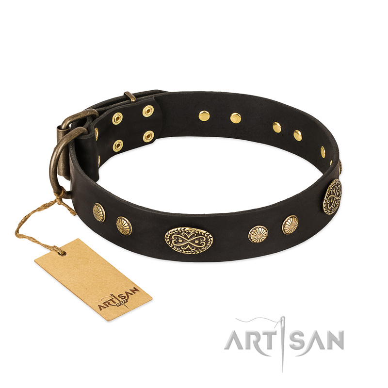 "Perfect Tracery" FDT Artisan Black Leather Amstaff Collar with Old Bronze Look Plates and Circles - Click Image to Close