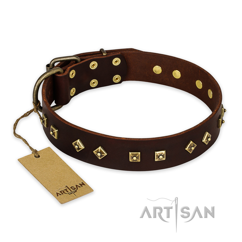 "Fashion Studs" FDT Artisan Decorated Leather Amstaff Collar with Old Bronze-Plated Steel Hardware - Click Image to Close