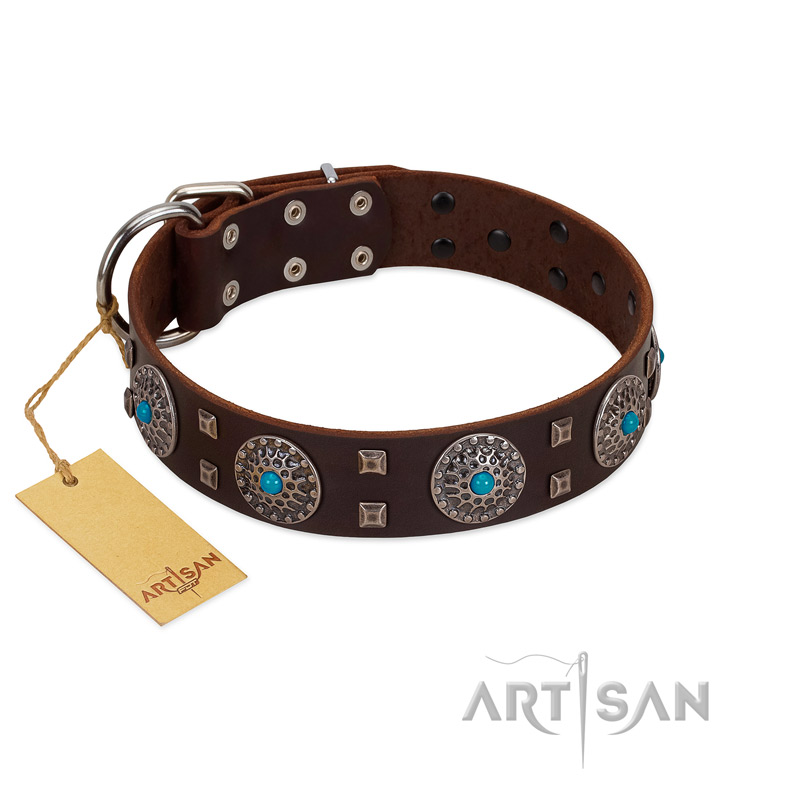"Hypnotic Stones" FDT Artisan Brown Leather Amstaff Collar with Chrome Plated Brooches and Square Studs