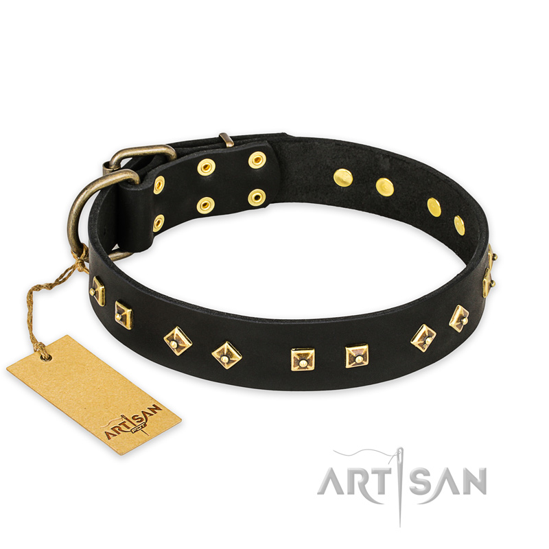 "Rhomb Style" FDT Artisan Decorated Leather Amstaff Collar with Old Bronze-Plated Studs 1 1/2 inch (40 mm) Wide