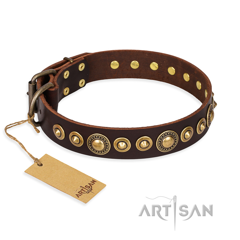 "Ancient Warrior" FDT Artisan Fancy Leather Amstaff Collar with Old-Bronze Plated Decorations