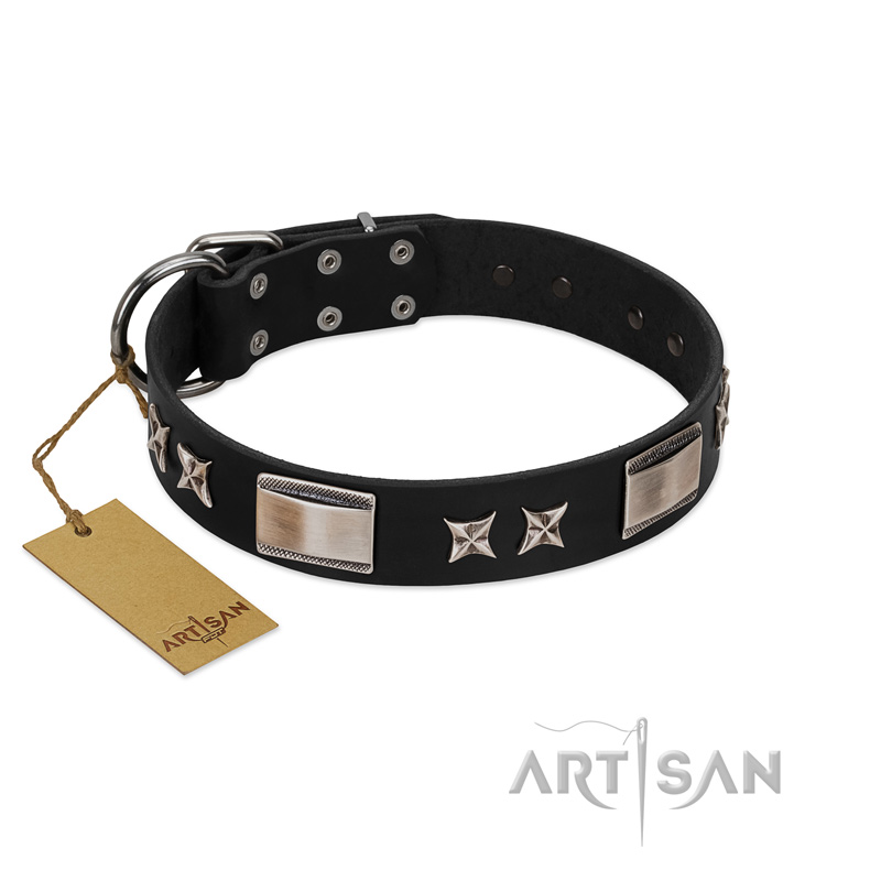 "Pitch Dark" FDT Artisan Black Leather Amstaff Collar with Stars and Plates