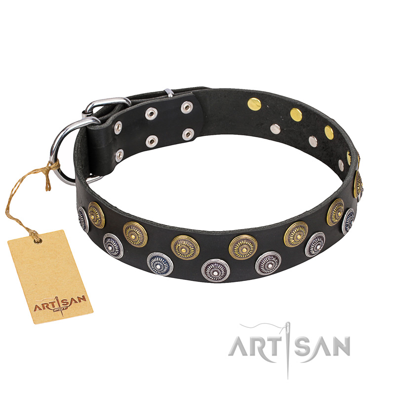 "Romantic Breeze" FDT Artisan Black Leather Amstaff Collar with Sparkling Circles