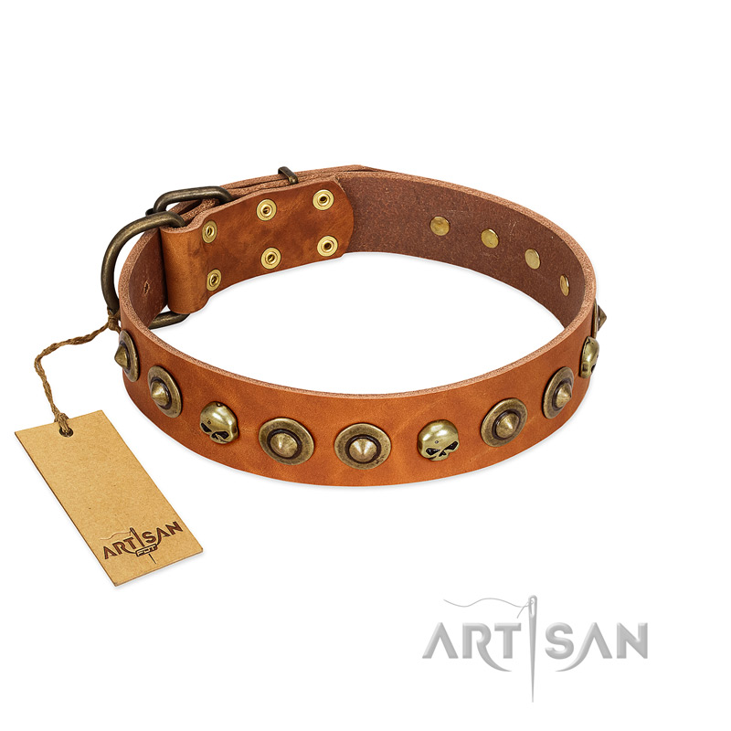 "Prez of the Pack" FDT Artisan Tan Leather Amstaff Collar with Skulls and Brooches