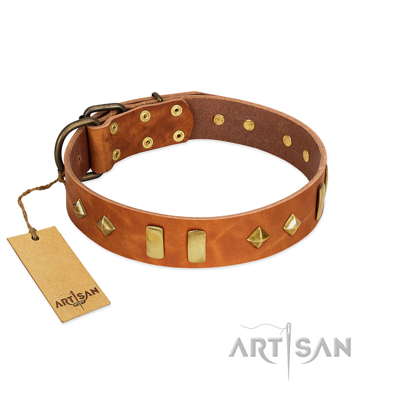"Woofy Dawn" FDT Artisan Tan Leather Amstaff Collar with Plates and Rhombs
