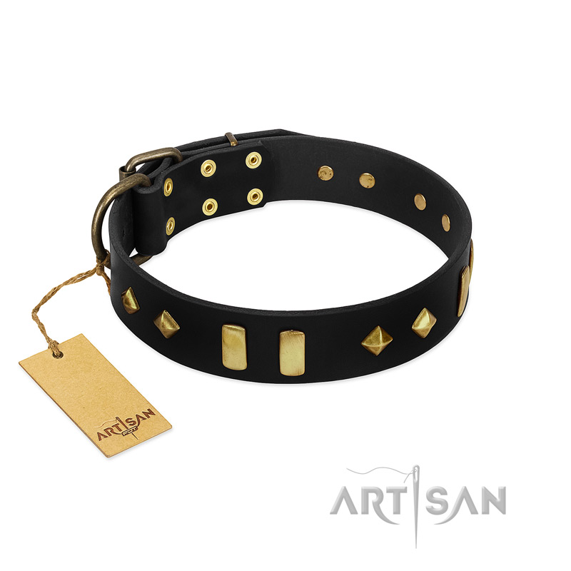 "De Luxe" FDT Artisan Black Leather Amstaff Collar with Old Bronze-like Plates and Studs