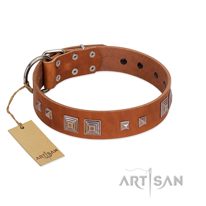 "Egyptian Gifts" Handmade FDT Artisan Tan Leather Amstaff Collar with Chrome-plated Pyramids