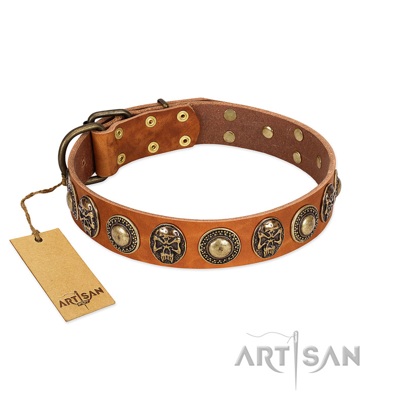 "Golden Epoch" FDT Artisan Tan Leather Amstaff Collar with Old Bronze-plated Medallions and Conchos